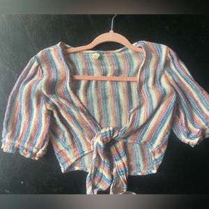 Multi Rainbow Colorful Stripe Knit Tie Crop Top
